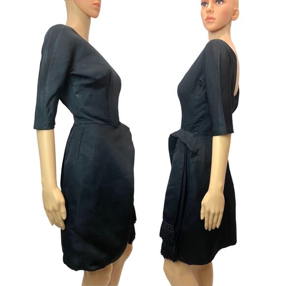 60s Black Cocktail Dress | Mid Century MOD Sash Fringe Accent  XS - Picture 3 of 9